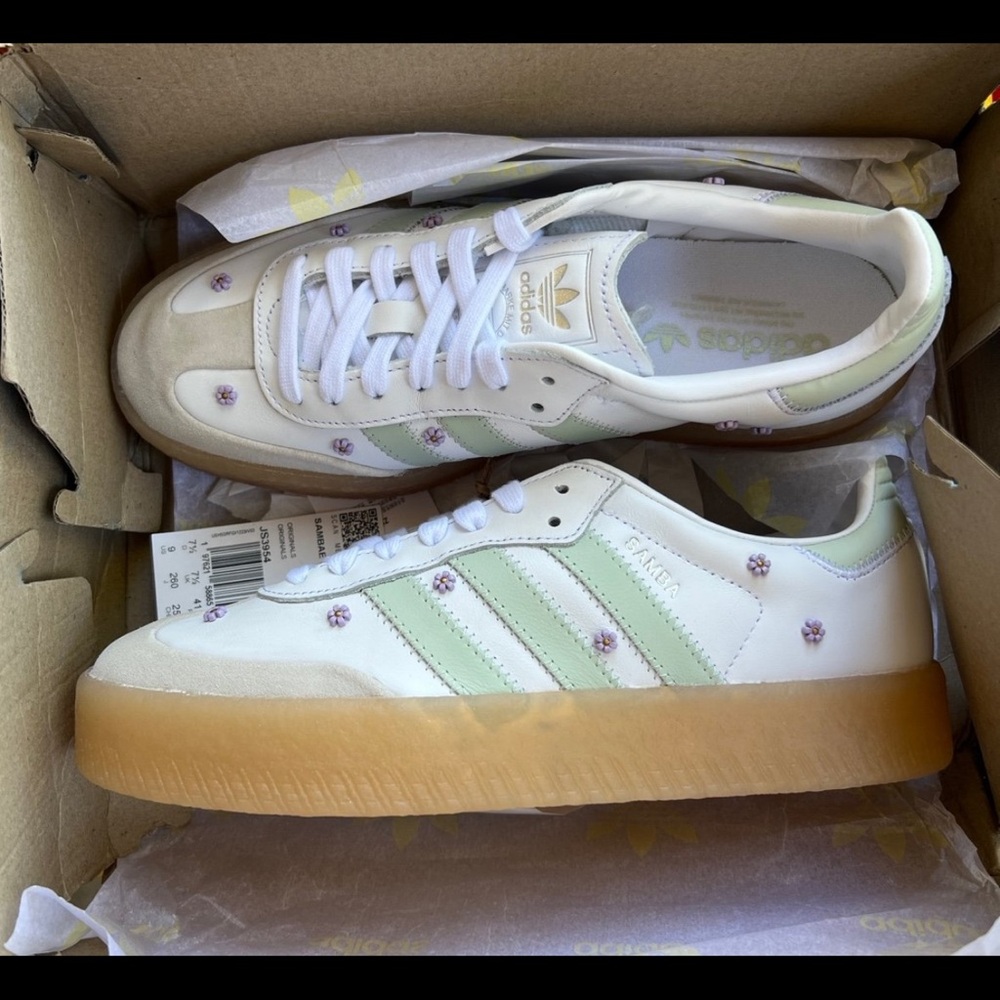 adidas White Sneakers with Mint Stripes & Gum Platform Sole